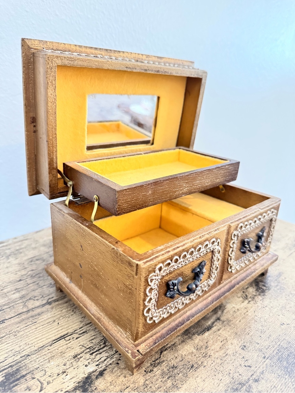 Wooden Ballerina Jewelry Box Mirror Lift-Out Tray Victorian Style - Picture 10 of 12